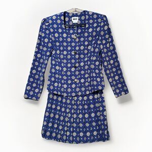 Leslie Fay 2 Piece Skirt Suit Size 8 Retro Pleated Midi Blue Aztec Vintage 80s